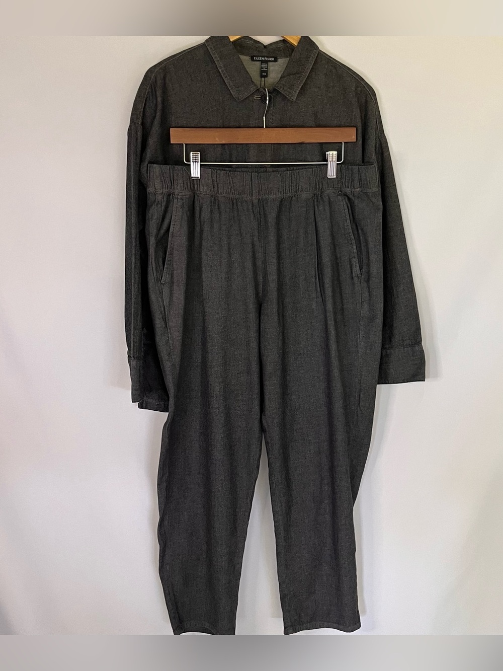 Eileen Fisher Women’s Gray Airy Organic Cotton Twill Shirt Jacket M Pant L Set
